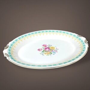 Syracuse Betsy Ross Turquoise Platter 14" Oval Old Ivory OPCO 1930s-40s